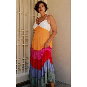 Anthropologie Women Maxi Dress Rainbow V-Neck Boho Strappy Tropical 2X Plus NWT